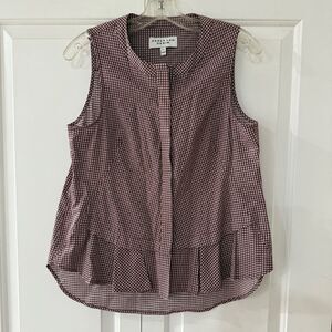 Derek Lam Purple Sleeveless Pleated Gingham Print Blouse with Mandarin Collar